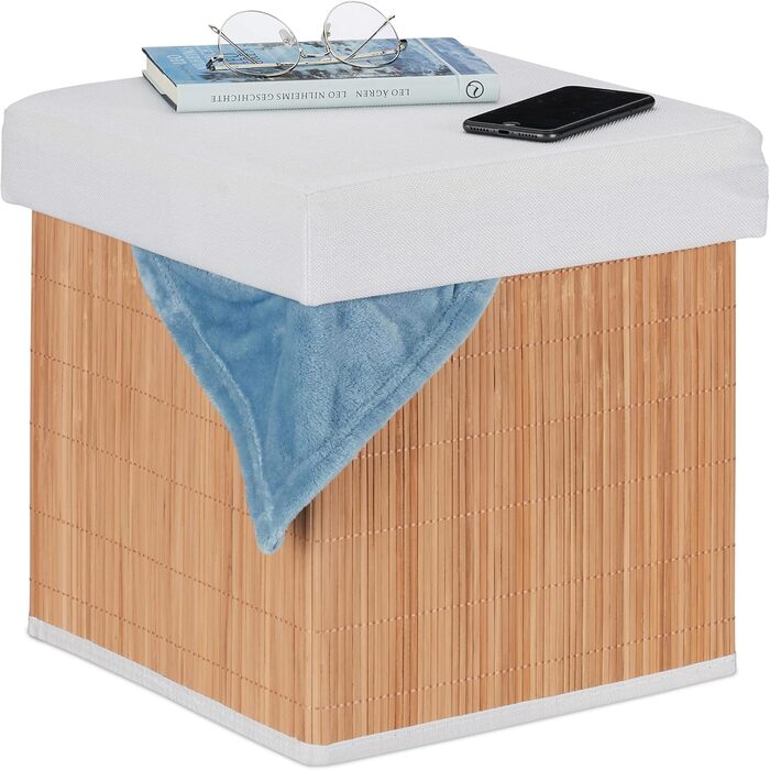 Relaxdays Sitzhocker mit Stauraum, faltbar, 35x35x35 cm, Bambus, natur/weiß