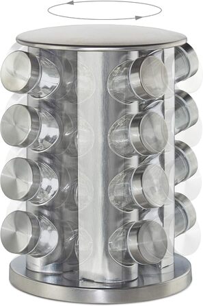 Relaxdays Gewürzkarussell, 16 Gläser, 360° drehbar, Edelstahl, Glas, HxD 28x22cm, Gewürzregal rund, silber