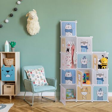 Relaxdays Steckregal Kinder, 2 Kleiderstangen, Türen mit Tierkindern, HBT: 145x110x37 cm, DIY Kinderkleiderschrank, weiß