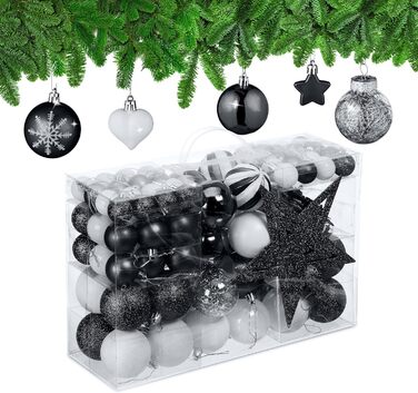 Relaxdays Weihnachtskugeln 101er Set, Kunststoff, Baumdeko mit Kugeln & Spitze, rosa/weiß (Schwarz)