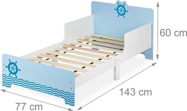 Relaxdays Kinderbett mit Rausfallschutz, HBT: 60x77x143 cm, Lattenrost, Kleinkindbett mit Seefahrt-Motiv, MDF, blau/weiß