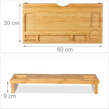 Relaxdays Monitorständer Bambus, Bildschirmerhöhung mit Stauraum, 9x60x30cm