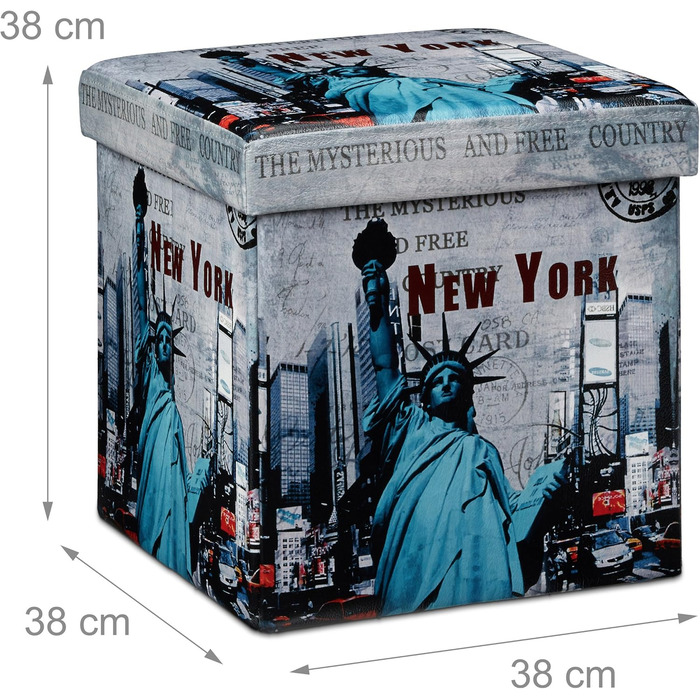 Relaxdays Faltbarer Sitzhocker 38 cm, stabiler Sitzwürfel, Kunstleder, Stauraum, New York Motiv