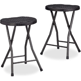 Relaxdays Klapphocker BASTIAN rund, 2 Stk. Faltbar, Kunststoff, Rattanoptik, Wetterfest HxBxT: 45 x 32,5 x 29 cm, (Schwarz)