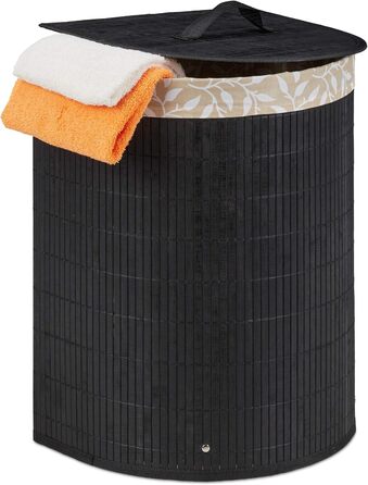 Relaxdays Wäschekorb Bambus, 30 l, faltbar, halbrund, mit Deckel, für Bad & Schlafzimmer, Schwarz