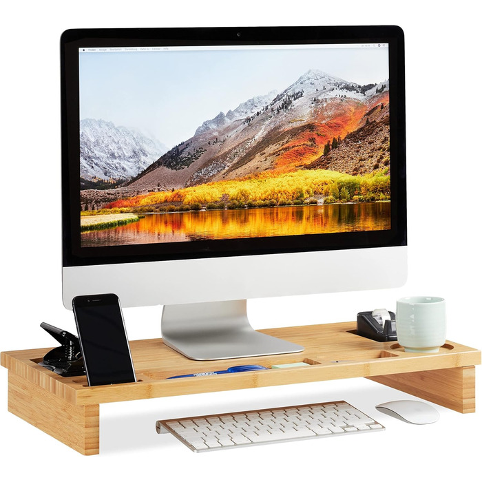 Relaxdays Monitorständer Bambus, Bildschirmerhöhung mit Stauraum, 9x60x30cm