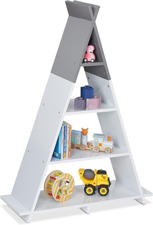 Relaxdays Kinderregal Tipi, 4 Fächer, Bücherregal Kinder, H x B x T: 107 x 76 x 27 cm, Kinderzimmer Regal, weiß/grau