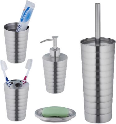 Relaxdays 5-tlg. Badezimmer Set, Edelstahl poliert, moderne Badaccessoires, Silber