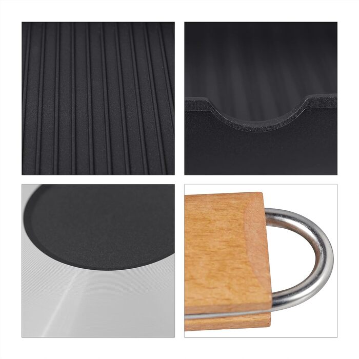 Relaxdays Grillpfanne, abnehmbarer Holzgriff, antihaftbeschichtet, BBQ Bratpfanne mit Rillen, Aluminium, schwarz, 5.5 x 51 x