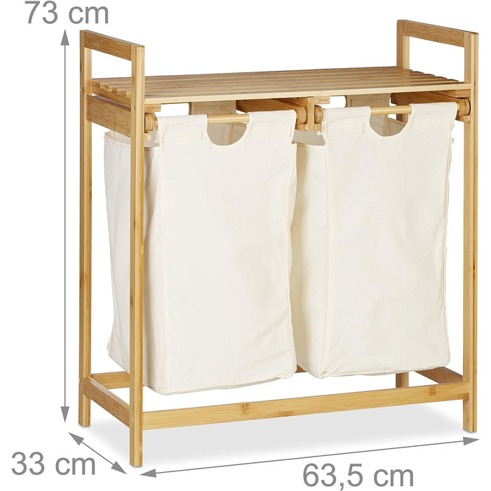 Relaxdays Wäschekorb Bambus, Wäschesortierer mit Ablage, 2 Fächer, ausziehbar, tragbarer Wäschebehälter, 60 Liter, Natur, 1 S