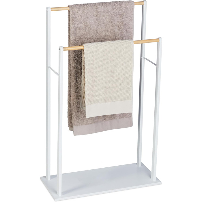 Relaxdays Handtuchständer, 2 Stangen, MDF & Bambus, 91,5x57x25 cm, freistehend, weiß/Natur