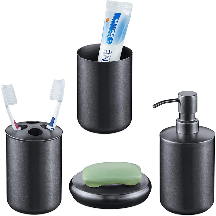 Relaxdays Badezimmer Set, 4-teilig, Seifenspender, Seifenschale, Zahnputzbecher, Zahnbürstenhalter, Edelstahl, anthrazit 1003