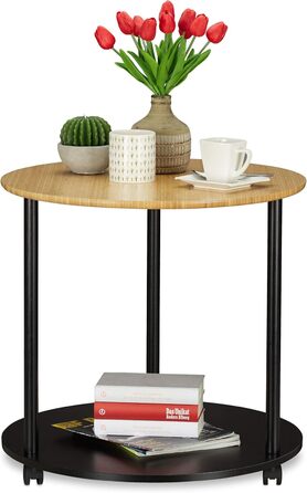 Relaxdays runder Beistelltisch mit Rollen, modernes Design, Bambus, HxD: 59 x 60 cm, schwarz/natur