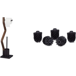 Relaxdays WC Garnitur Holz/Stahl mit Bürste 75x18,5 cm, schwarz/braun & 5er Set WC Bürstenkopf 9,5 mm, schwarz