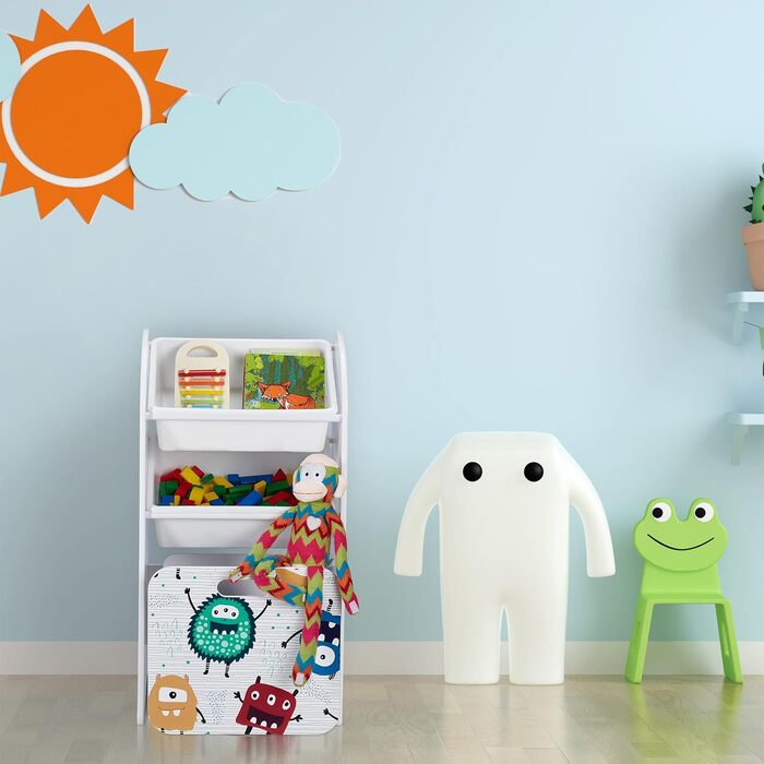 Relaxdays Kinderregal mit 3 Boxen, Monster-Motiv, Kiste mit Rollen, HBT: 80,5x42,5x30 cm, schmales Spielzeugregal, weiß, 10037514_0