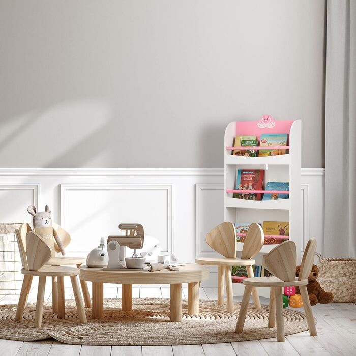 Relaxdays Bücherregal Kinder, HxBxT: 124 x 50,5 x 15 cm, 4 Fächer, MDF, Kinderbücherregal mit Schwan-Motiv, weiß/rosa