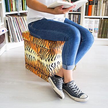 Relaxdays Faltbarer Sitzhocker 38 cm, stabil, trendige Motive, Kunstleder, Stauraum, Deckel, Tiger gelb