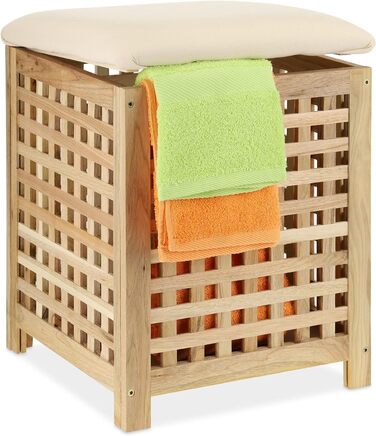 Relaxdays Wäschekorb mit Sitz, Walnussholz, Stoff, HxBxT: 50 x 39 x 39 cm, 45 l Wäschebox, Badhocker mit Stauraum, Natur