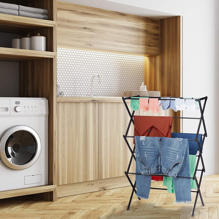 Relaxdays Wäscheständer, klappbar, ausziehbar, 11 Stangen, 6 Ebenen, platzsparender Turmwäscheständer, Metall, (Schwarz)