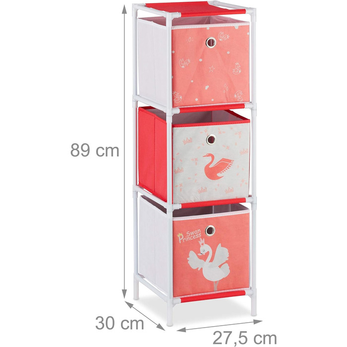 Relaxdays Kinderregal mit  Spielzeug, Mädchen, Schwan-Design, Regal Kinderzimmer, HBT: 62 x 53 x 30 cm, weiß/rot (3 Boxen)