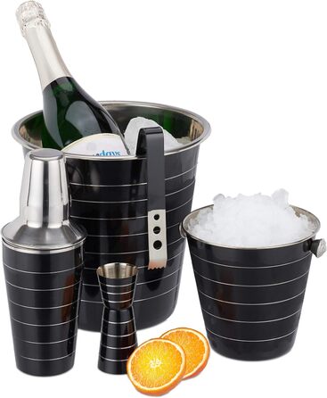 Relaxdays Cocktailset, 5-teilig: Shaker 500 ml, Eiseimer, Zange, Flaschenkühler, Barmaß, schwarz