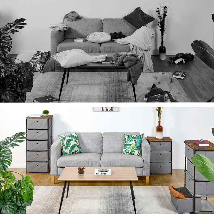 Relaxdays Kommode Holzoptik mit Stoffschubladen