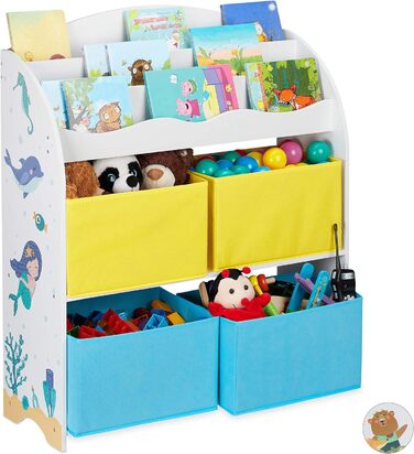 Relaxdays Kinderregal, 4 Boxen, Meerjungfrau Motiv, Spielzeug Aufbewahrung, Kinderzimmer HxBxT 98 x 82,5 x 30 cm, bunt