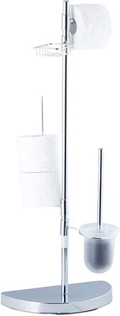 Relaxdays, Chrom Garnitur universal, Rollenhalter, WC-Bürste mit Behälter, Ablage, 360° drehbare Elemente, 86 cm hoch