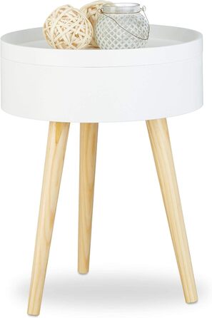 Relaxdays Beistelltisch rund skandinavisches Design, 70er, Nachttisch mit Tablett, Staufach, HxBxT: 50x38x38 cm, weiß Single