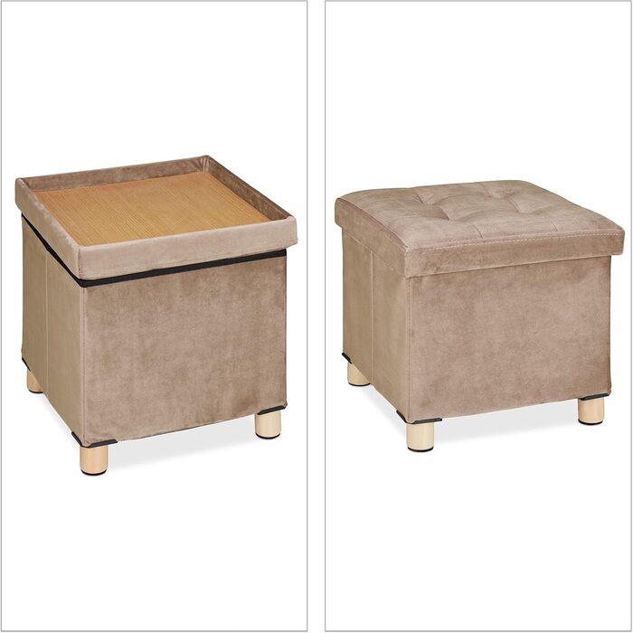 Relaxdays Samthocker mit Stauraum, Tablett, Holzbeine, eckig, 35x38x38 cm, Holz (Creme)