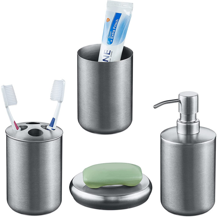 Relaxdays Badezimmer Set, 4-teilig, Seifenspender, Seifenschale, Zahnputzbecher, Zahnbürstenhalter, Edelstahl, Silber 1003887