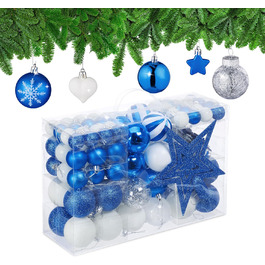 Relaxdays Weihnachtskugeln 101er Set, Kunststoff, Baumdeko mit Kugeln & Spitze, rosa/weiß (Blau)