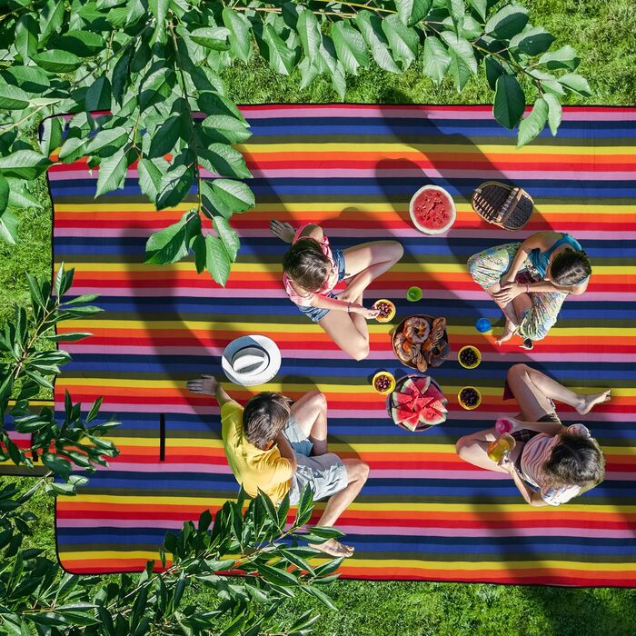 Relaxdays XXL Picknickdecke, 300x200cm, isoliert, wasserdicht, Fleece Stranddecke, gestreift, Isodecke, Tragegriff, bunt