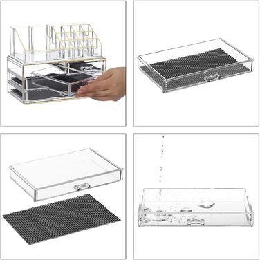 Relaxdays Make Up Organizer Acryl, 2-teilige Schminkaufbewahrung mit Lippenstifthalter und 4 Schubladen,  19 x 24 x 13.5 cm (Transparent/Gold)