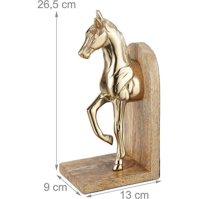 Relaxdays Buchstützen 2er Set, dekorativ, Pferde Figuren, f. Bücherregal, edles Design, HxBxT: 26,5x9x13 cm, Natur/Gold
