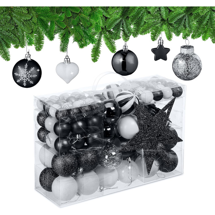 Relaxdays Weihnachtskugeln 101er Set, Kunststoff, Baumdeko mit Kugeln & Spitze, rosa/weiß (Schwarz)