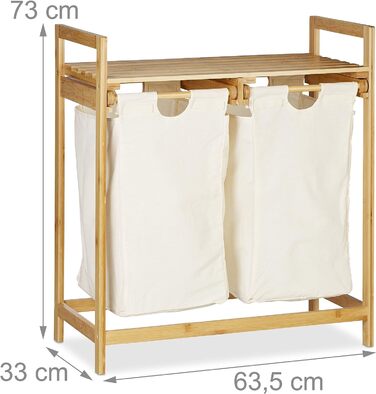 Relaxdays Wäschekorb Bambus, Wäschesortierer mit Ablage, 2 Fächer, ausziehbar, tragbarer Wäschebehälter, 60 Liter, Natur, 1 S