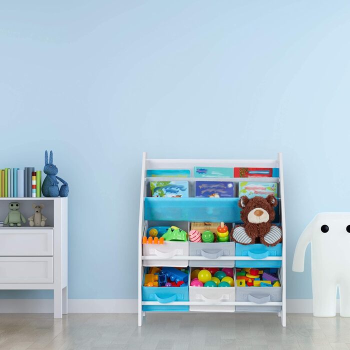 Relaxdays Kinderregal, Tiere Motiv, 6 Boxen, 2 Fächer, Kinderzimmer, Spielzeug Aufbewahrung HBT 74 x 62 x 31,5 cm, bunt, Holzwerkstoff, Lagerfeuer, 1 Stück