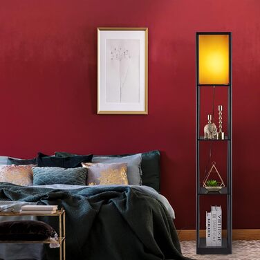 Relaxdays Stehlampe mit Regal, E27, 3 Ablagen, modernes Design, 159x26x26 cm, schwarz-braun
