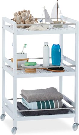 Relaxdays Servierwagen Bambus, 3 Ablagen, 360° Rollen, Edelstahl-Stangen, HBT: 76,5x46x38 cm, weiß