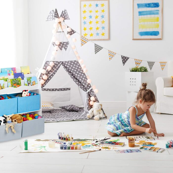 Relaxdays Kinderregal, 4 Boxen, Meerjungfrau Motiv, Spielzeug Aufbewahrung, Kinderzimmer HxBxT 98 x 82,5 x 30 cm, bunt