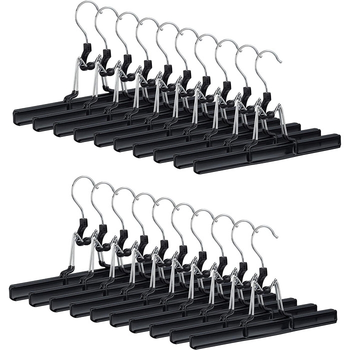Relaxdays, schwarz Hosenbügel Metall 20er Set, 360° drehbarer Haken, fest schließend, Rockbügel, gummierte Klemmen, 26cm, Pac