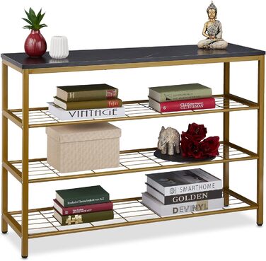 Relaxdays Konsolentisch, Marmoroptik, 70x101x30 cm, Metall & MDF, 4 Ablagen, Gold/Schwarz