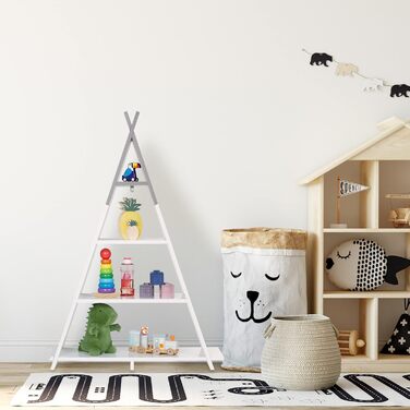 Relaxdays Kinderregal Tipi, 4 Fächer, Bücherregal Kinder, H x B x T: 107 x 76 x 27 cm, Kinderzimmer Regal, weiß/grau