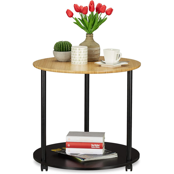 Relaxdays runder Beistelltisch mit Rollen, modernes Design, Bambus, HxD: 59 x 60 cm, schwarz/natur