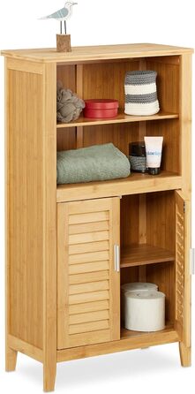 Relaxdays Badezimmerschrank Bambus, HBT: 92x50x25 cm, Badschrank mit Lamellentüren, natur, 1 Stück