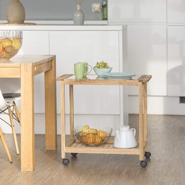 Relaxdays Küchenwagen auf Rollen, Holz Servierwagen mit Glasplatte, 2 Etagen, 62x66x38 cm, natur