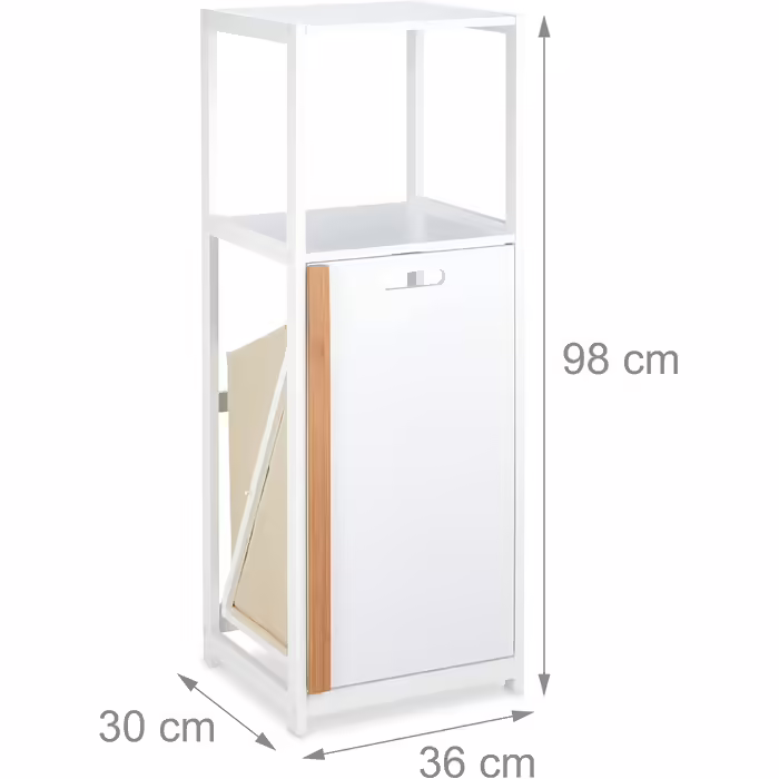 Relaxdays Badregal mit Wäschekorb, 2 Ablagen, kippbar, MDF & Bambus, 98x36x30 cm, weiß/natur