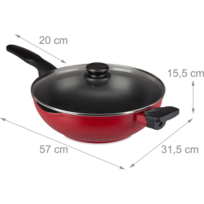 Relaxdays Wokpfanne mit Glasdeckel, 30 cm, Wok mit Antihaftbeschichtung, Gas- & Elektroherd, Griff, 4 Liter, rot/schwarz