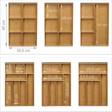Relaxdays Bambus Schubladeneinsatz 2er Set 6,5x30,5x46cm Küchenorganizer mit Trennwänden, Besteckkasten, natur